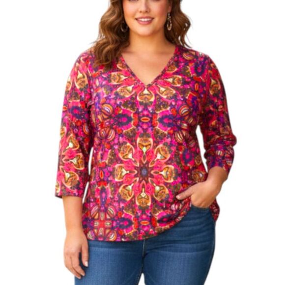NWT Comfy Plus Sz 1X Kaleidoscope Print Jones New York Cotton Top Artsy Boho - Picture 1 of 9